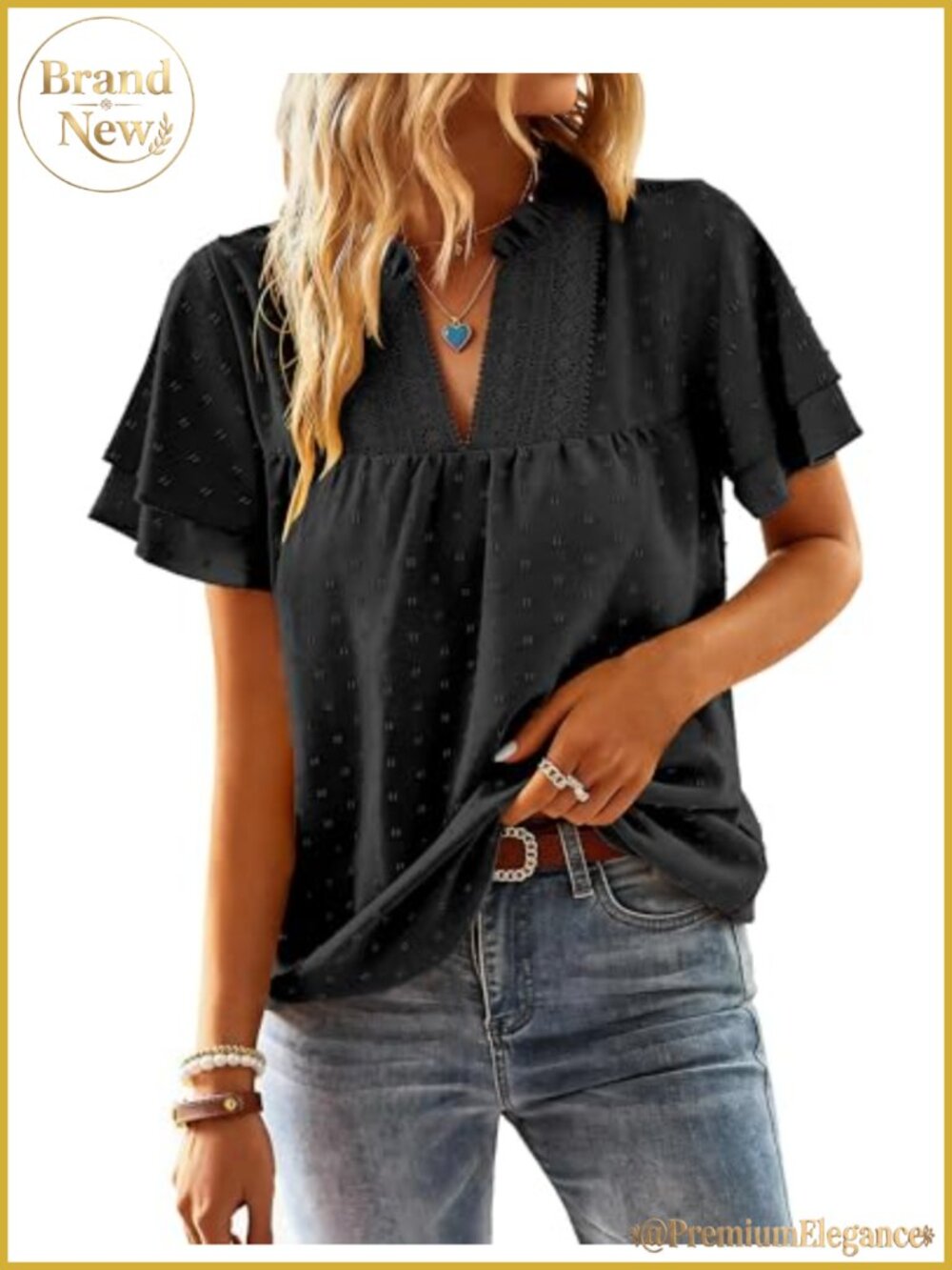 Womens Swiss Dot Ruffle Butterfly Sleeve V Neck Flowy Blouse